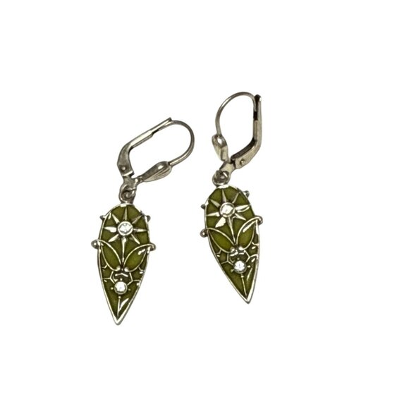Art Deco Style Green Enamel Drop Earrings with Silver Filigree Design - Picture 5 of 6